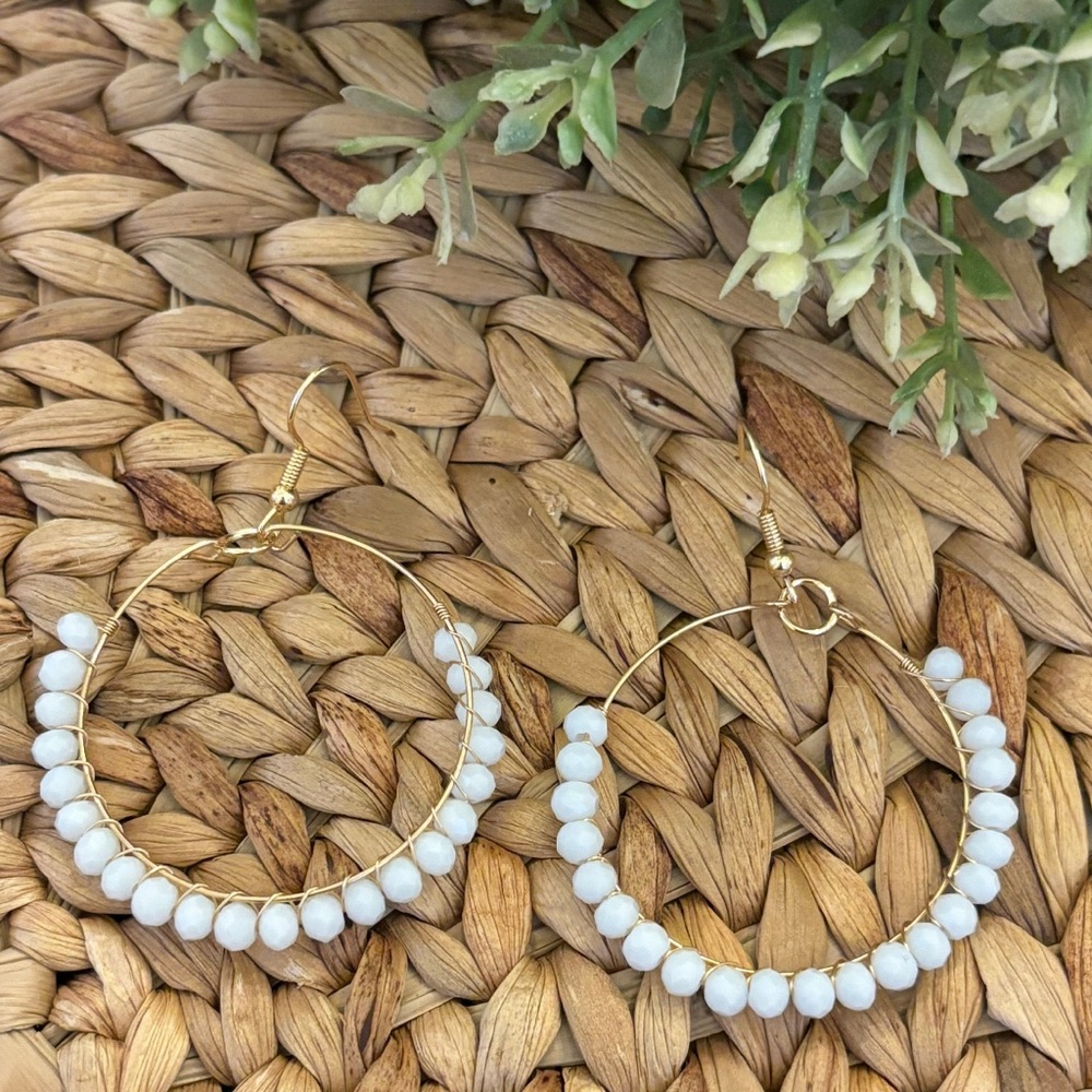 NEW IN BOX! White beaded hoops